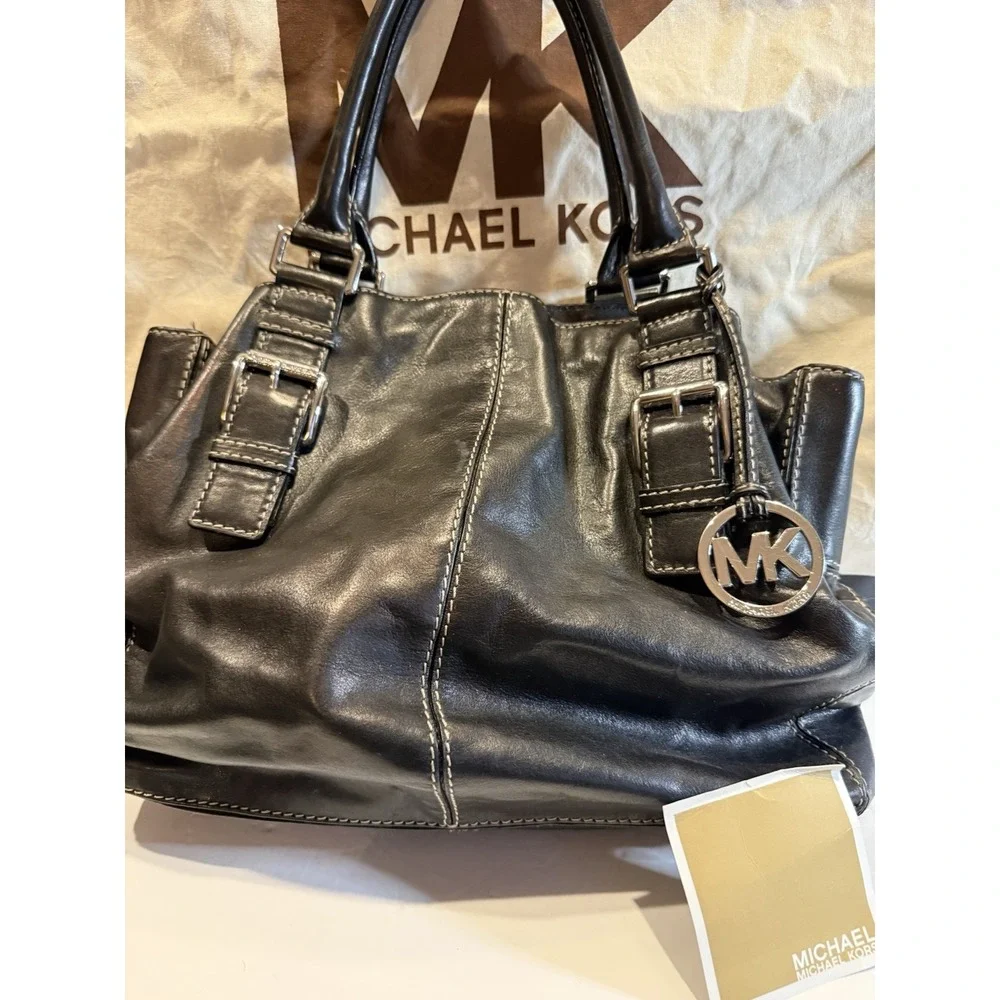 Michael Kors Black Leather Satchel Top Handle Bag Silver Hardware A-0807